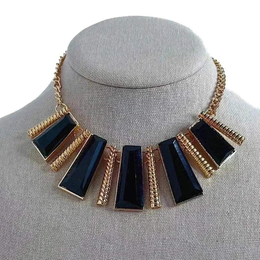 Geometric Gold and Black Statement Necklace Bohemian Boho Chic
