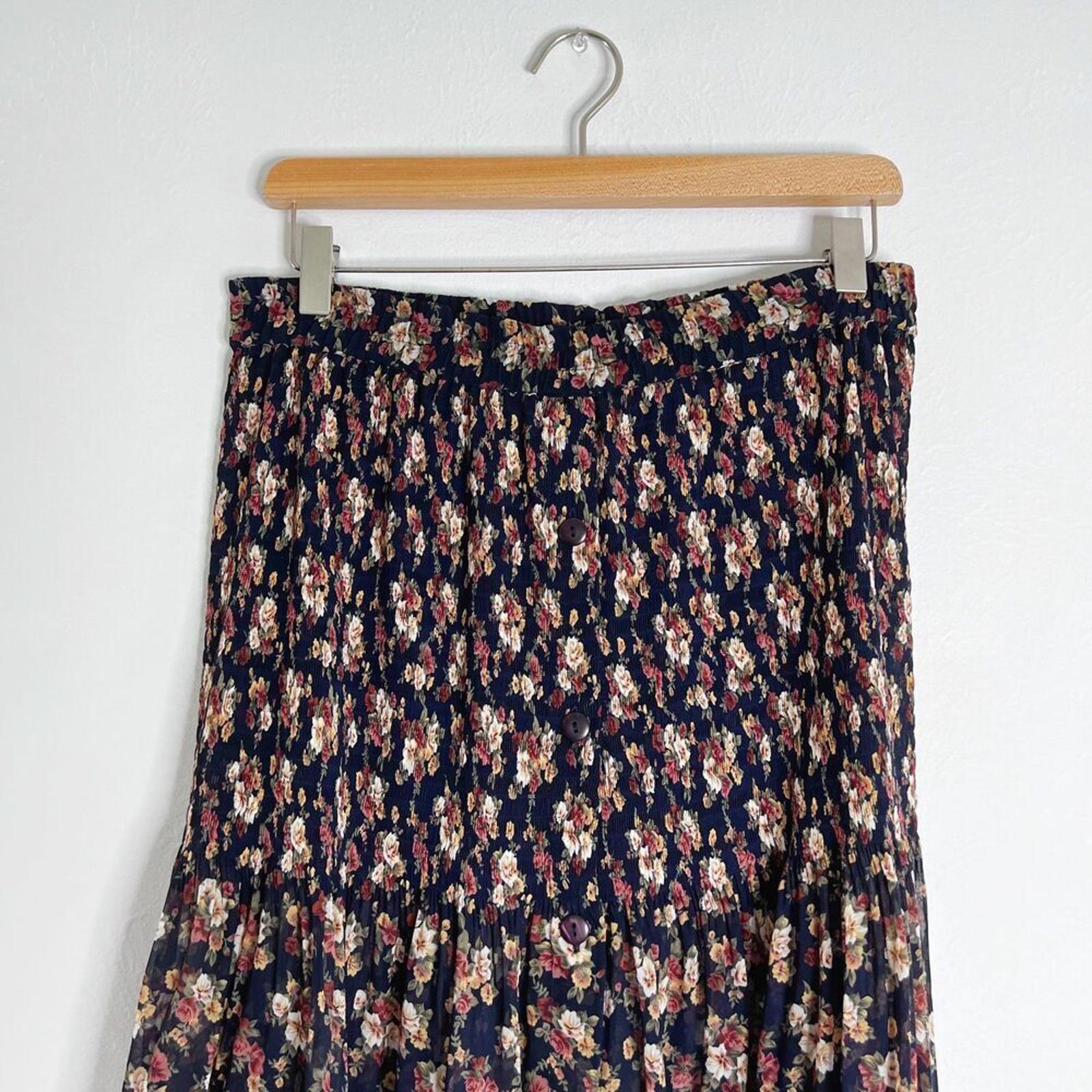 Vintage 90s Express Navy Blue and Pink Floral Maxi Skirt Chiffon Size M