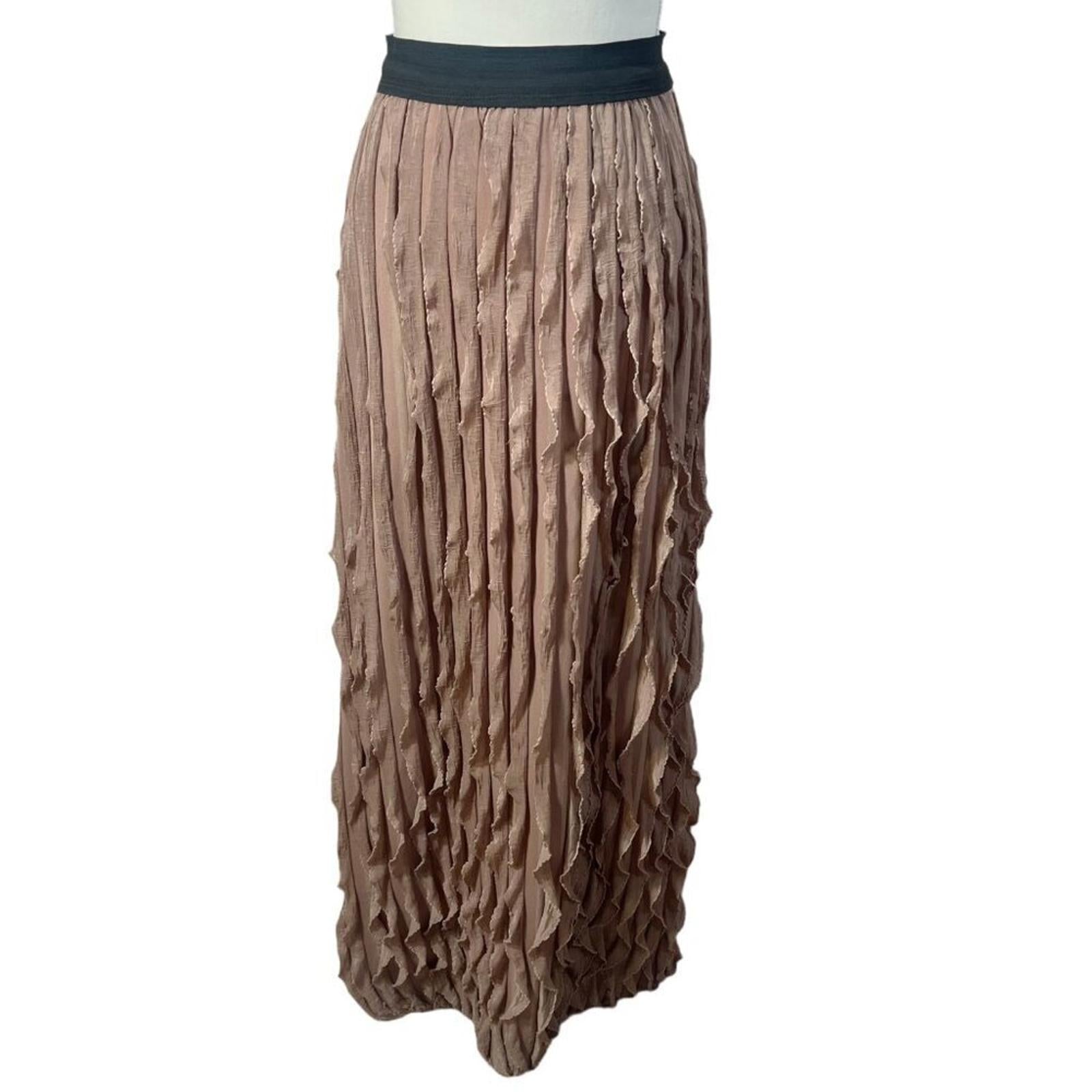 Vintage Tan Ruffle Maxi Skirt Wrinkled Pleated Skirt Women's Size M