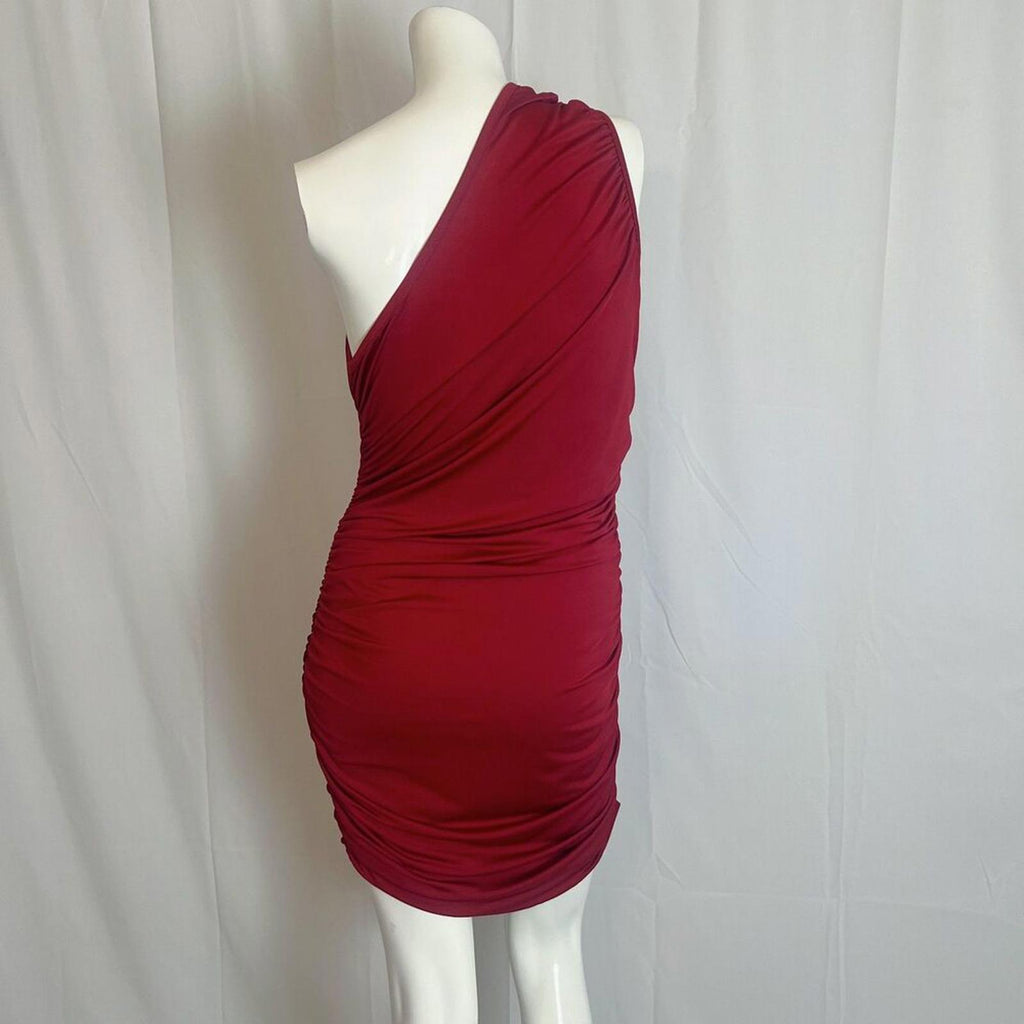 Dark Red One Shoulder Asymmetrical Mini Dress Ruched Bodycon Flower Size L