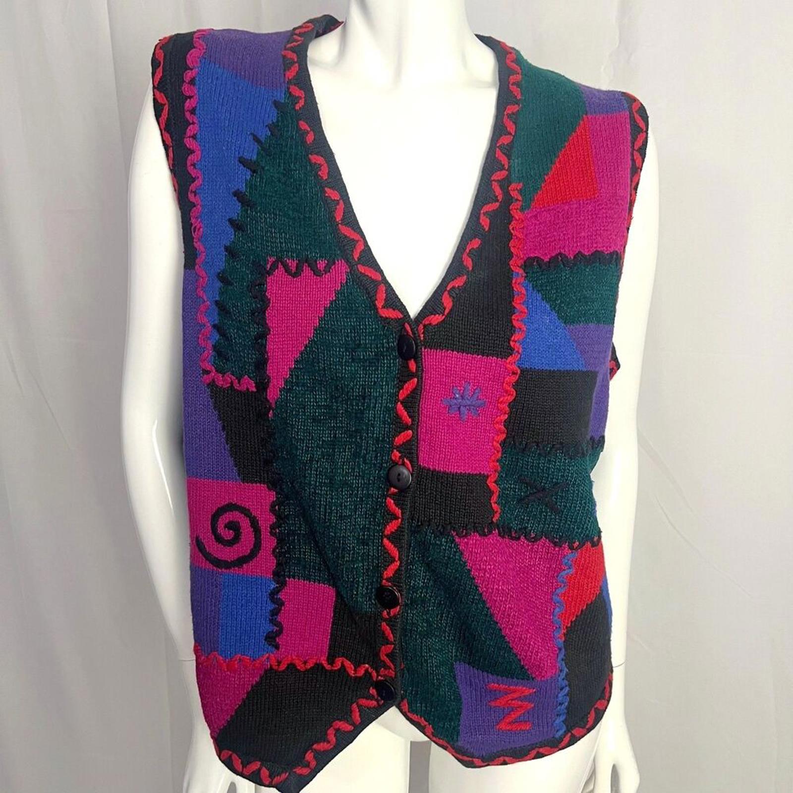 Vintage 90s Sigrid Olsen Patchwork Knit Sweater Vest Multicolored Women's Size M