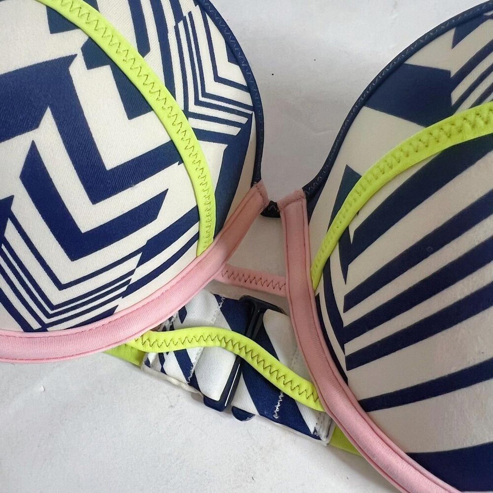 Victoria; Secret VS The Flirt Bandeau Bikini Top Blue White Geometric Size 34D