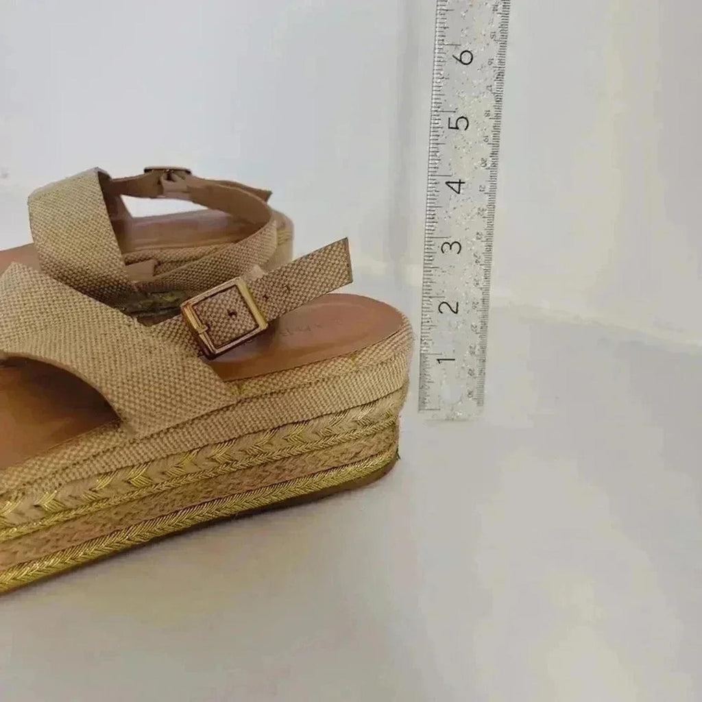 Bamboo Platform Espadrille Sandals Cream and Gold Canvas Woven Size 10