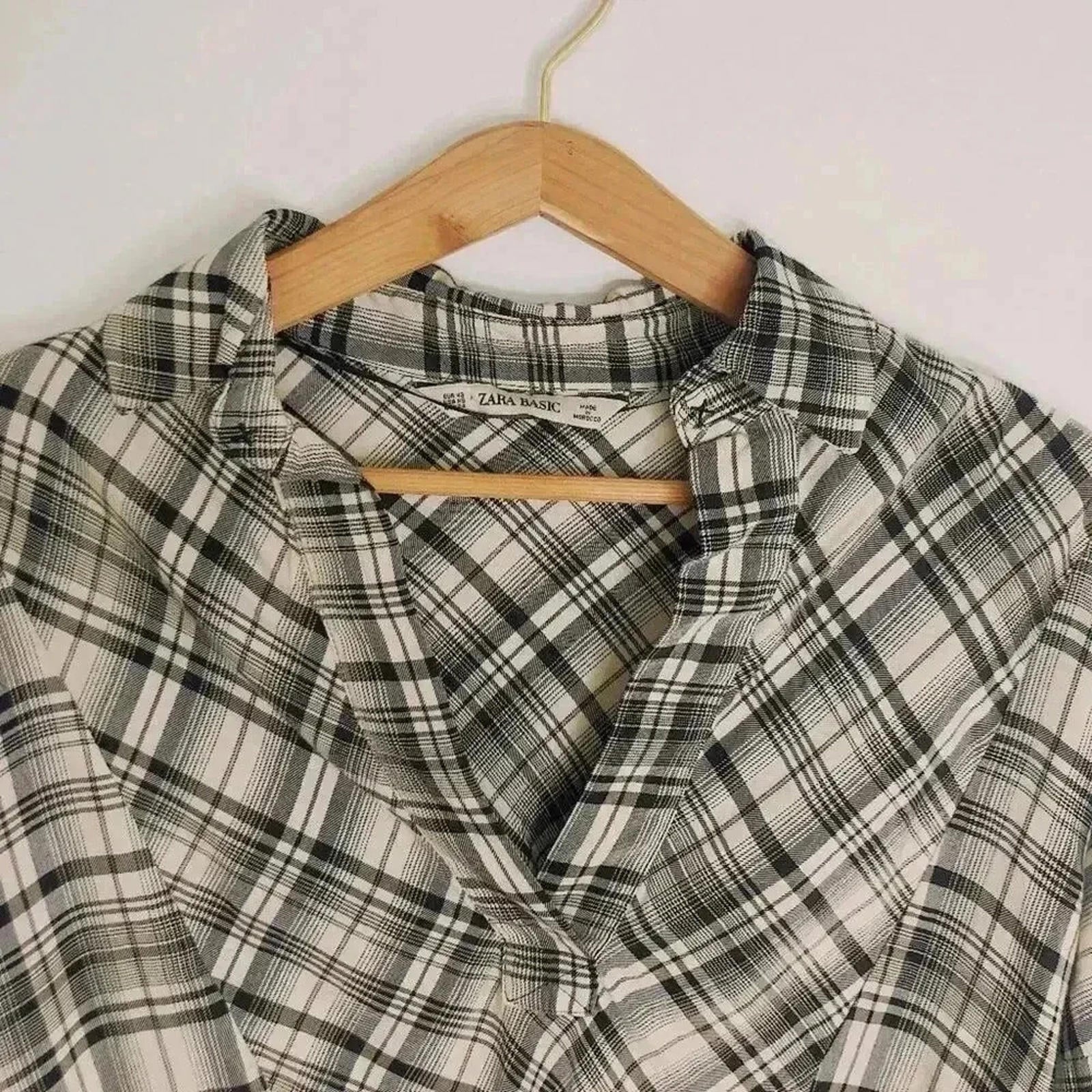 Zara Basic Black Cream Plaid Long Sleeve Tunic Blouse Women's Size XS
