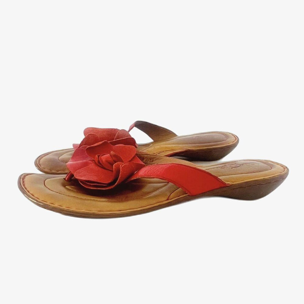 Born Crown Women's Orange Flower Leather Flip Flops Sandals Thongs Size 8