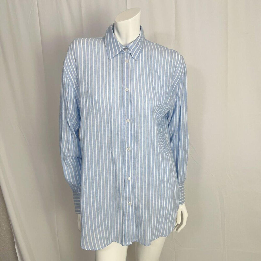 NWT Zara Linen Blend Blue White Striped Open Back Long Sleeve Button Up Size M