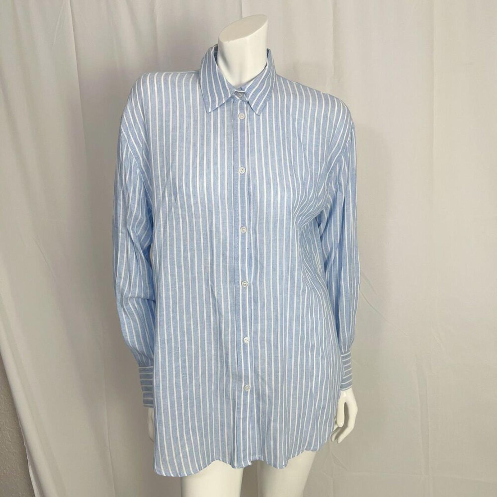NWT Zara Linen Blend Blue White Striped Open Back Long Sleeve Button Up Size M