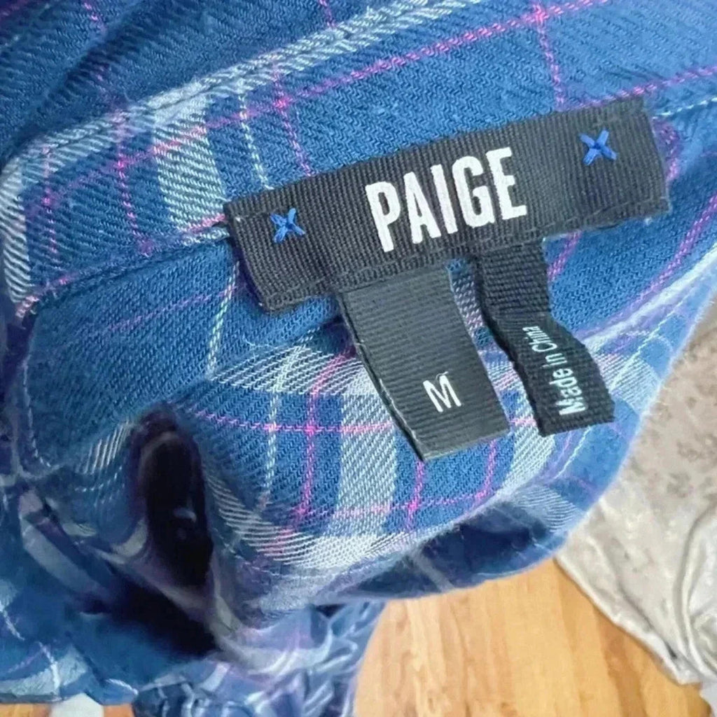 PAIGE Denim Mya Plaid Pocket Long Sleeve Shirt Nocturnal Blue Fog Size M