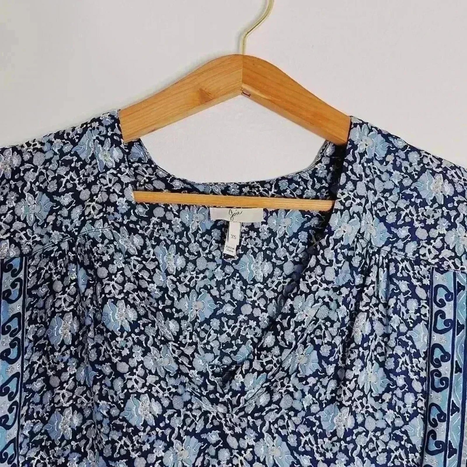Joie Silk Navy Light Blue Floral Long Sleeve Blouse Summer Office Size XS