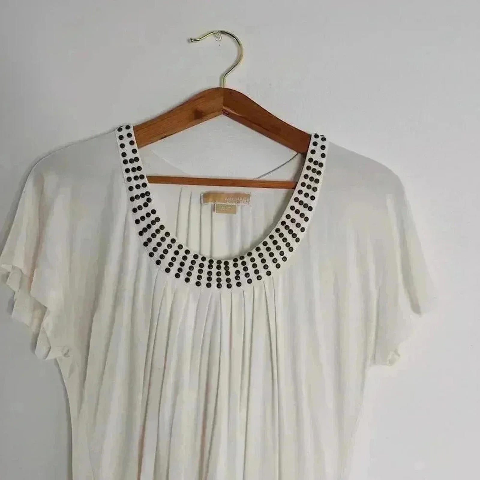Michael Kors White Studded Blouse Ruffled Short Sleeve Boho Chic Bohemian Size S