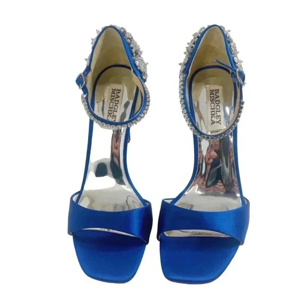 NWOT Badgley Mischka Blue Satin Crystal Encrusted Stilettos Square Toe Size 6.5