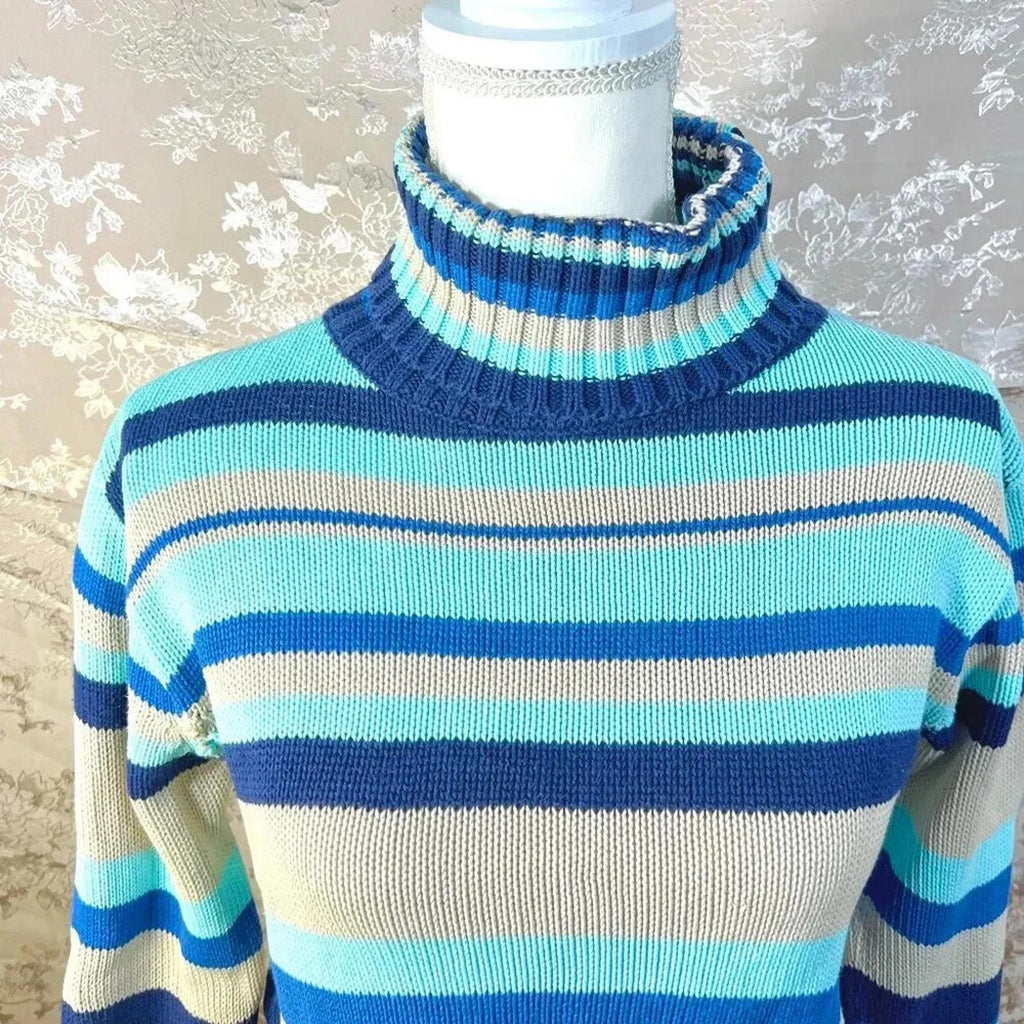 Vintage Pepe Jeans London Blue Striped Knit Turtleneck Sweater Women's Size S