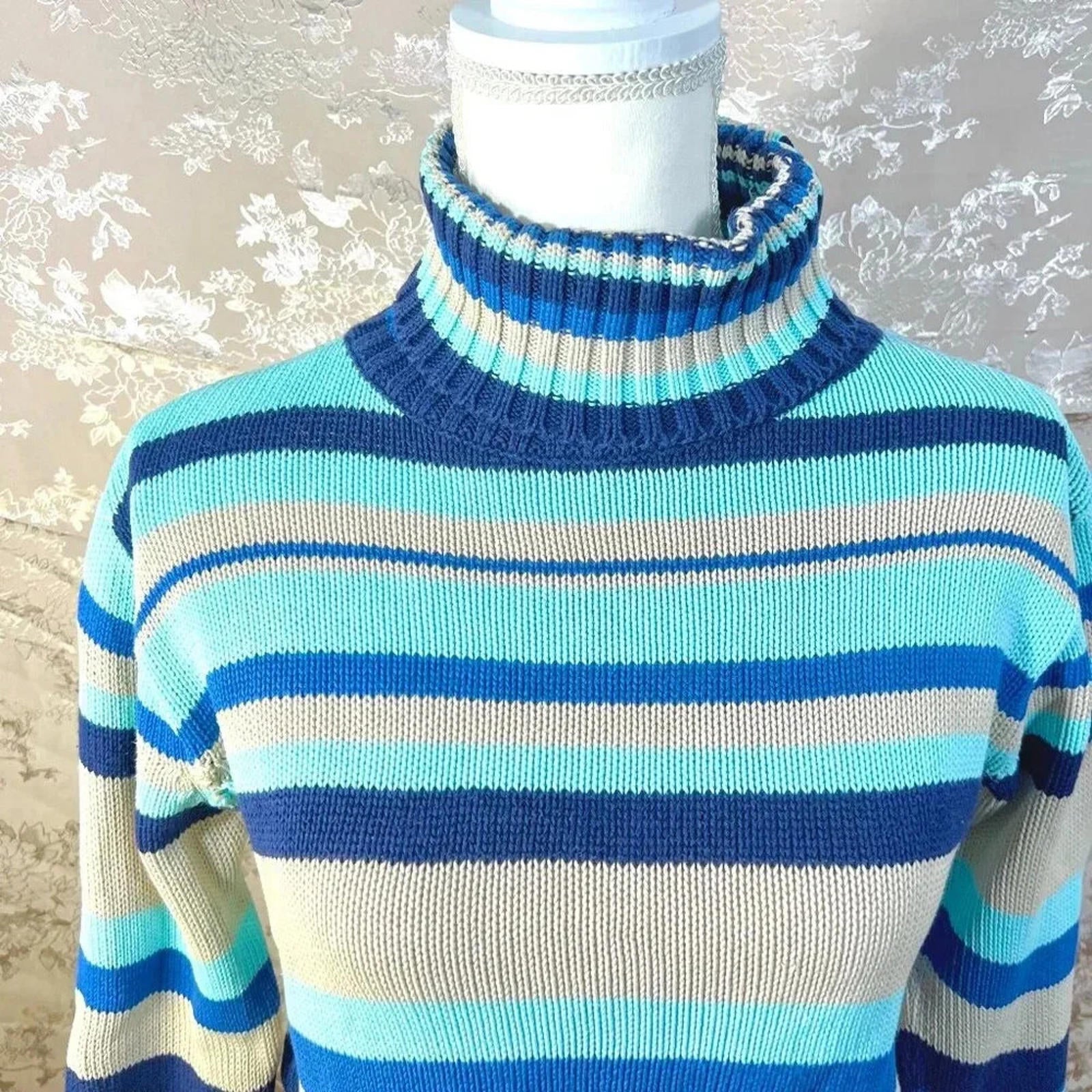 Vintage Pepe Jeans London Blue Striped Knit Turtleneck Sweater Women's Size S