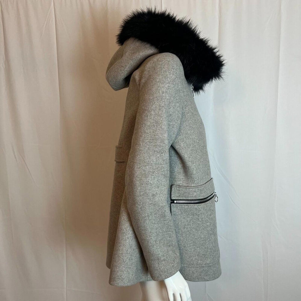 Maje Greli Fur Trimmed Coat Grey Wool Jacket Black Fur Size 38 EU M US