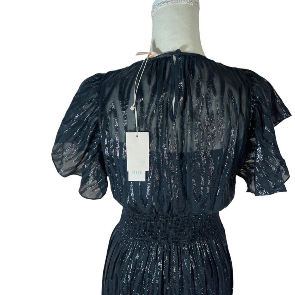 NWT Rebecca Taylor Silk Short Sleeve Safari Dress Black and Metallic Size 2