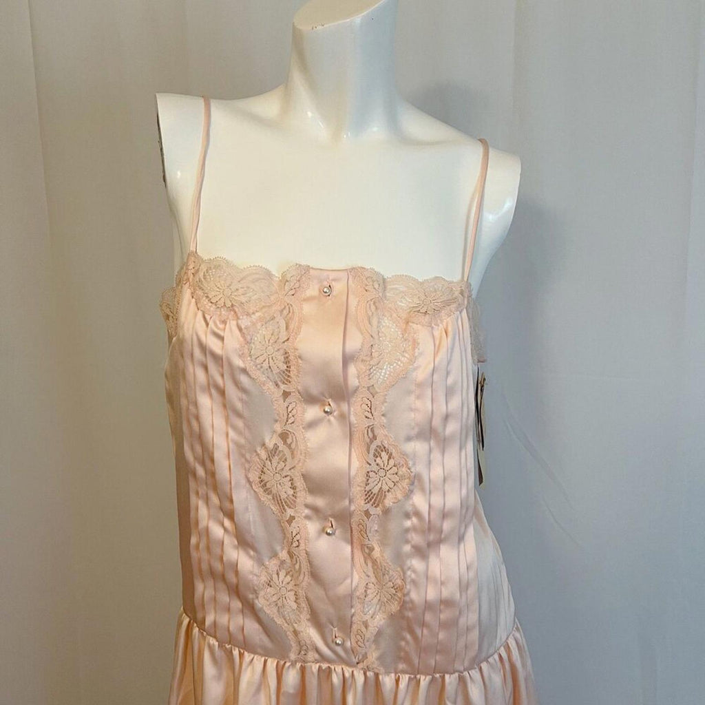 NWT 1970s Vintage Lily of France Light Pink Lace Satin Dress Gown Size S