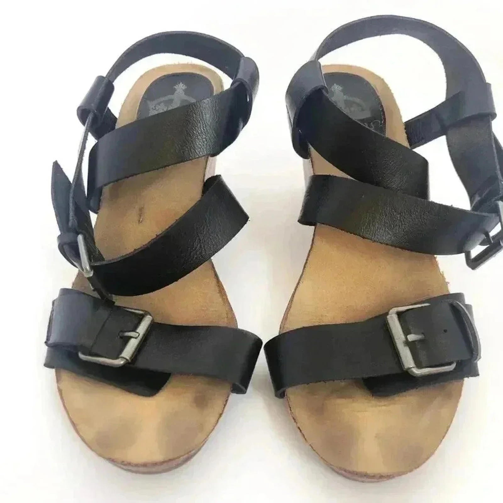 Crown Vintage Sigh Sandals Black Leather Strappy Wedges Heels Women's Size 10