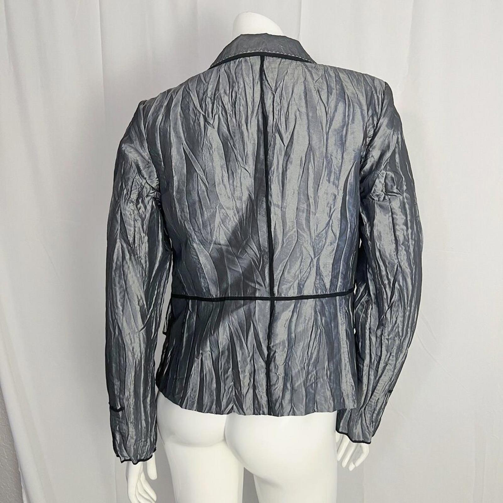 Y2K Vintage Alberto Makali Silver Crinkled Blazer Black Piping Women's Size M