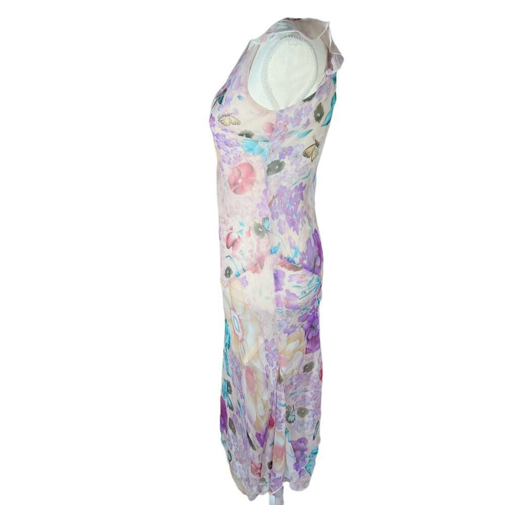 y2k Vintage Yubeier Butterfly Pink Chiffon Asymmetrical Dress Sequins Size M
