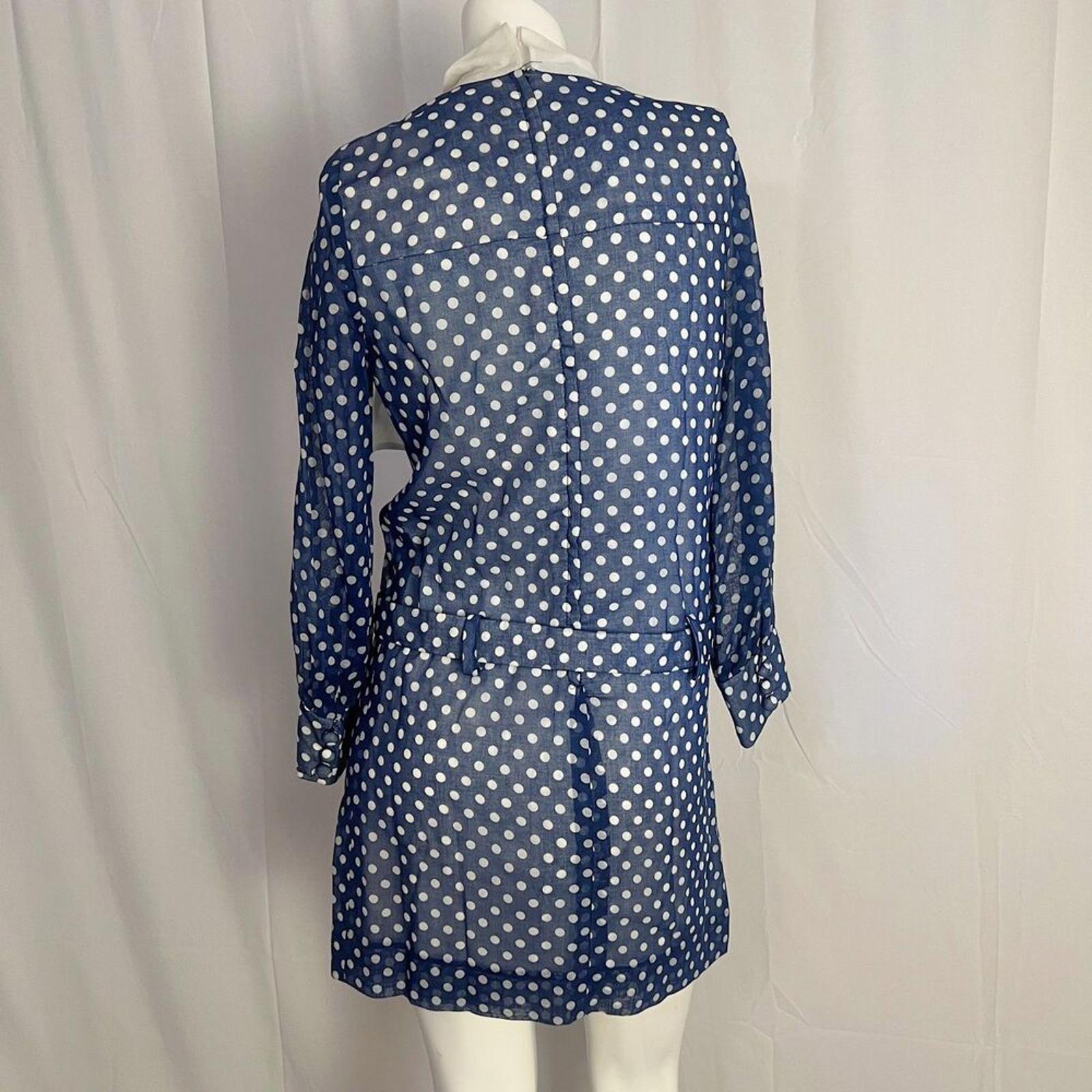1970s Vintage Jonathan Logan Blue White Polka Dot Tied Collar Mod Size 7