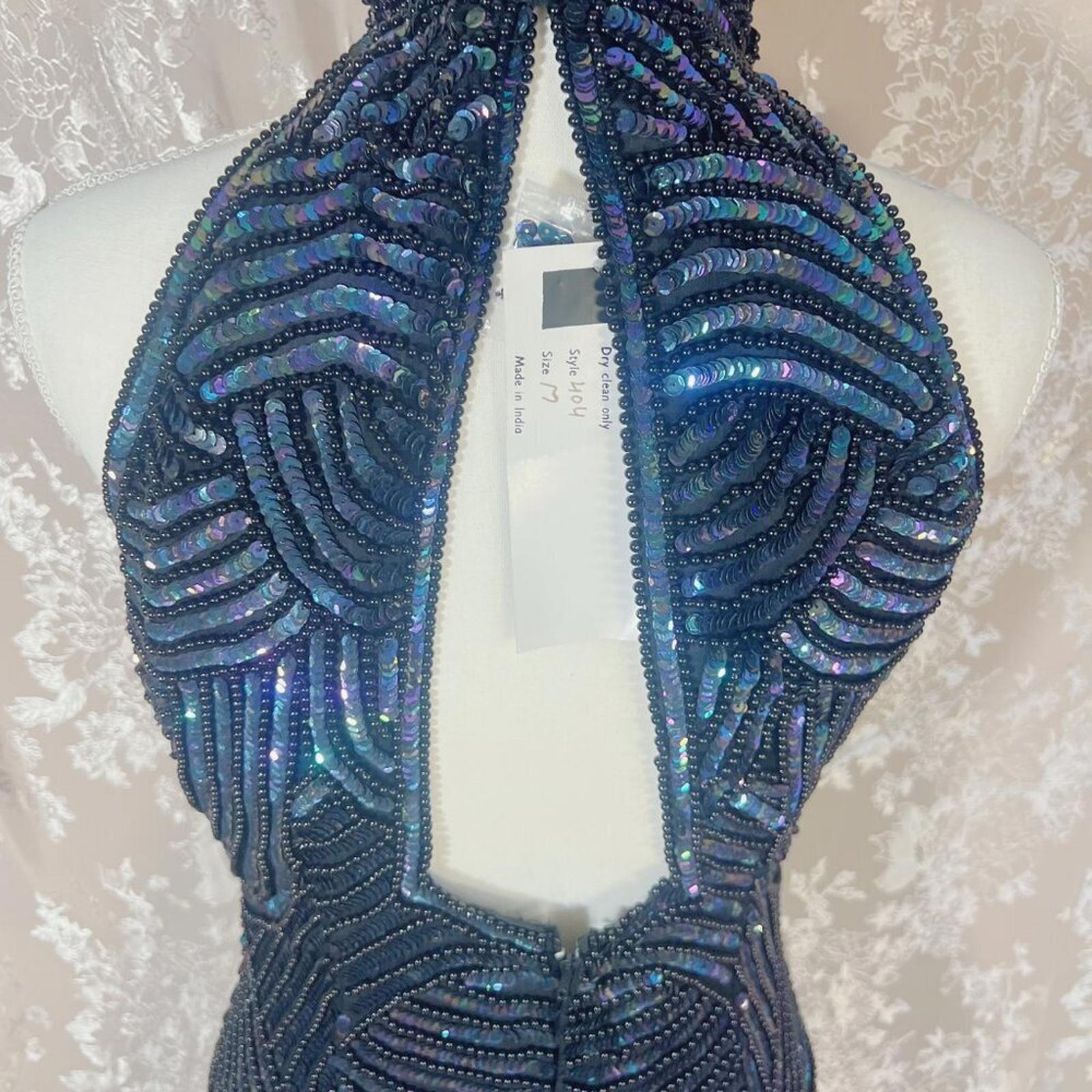 NWT Carina International Handmade Silk Blue Beaded Halter Dress Formal Size M