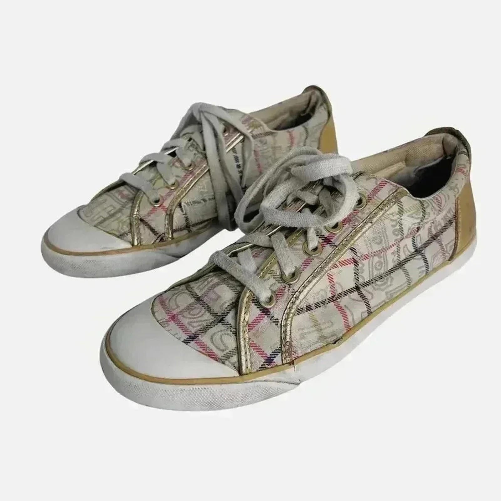 Coach Barrett Cream Multicolored Plaid Gold Leather Sneakers Canvas Size 9.5