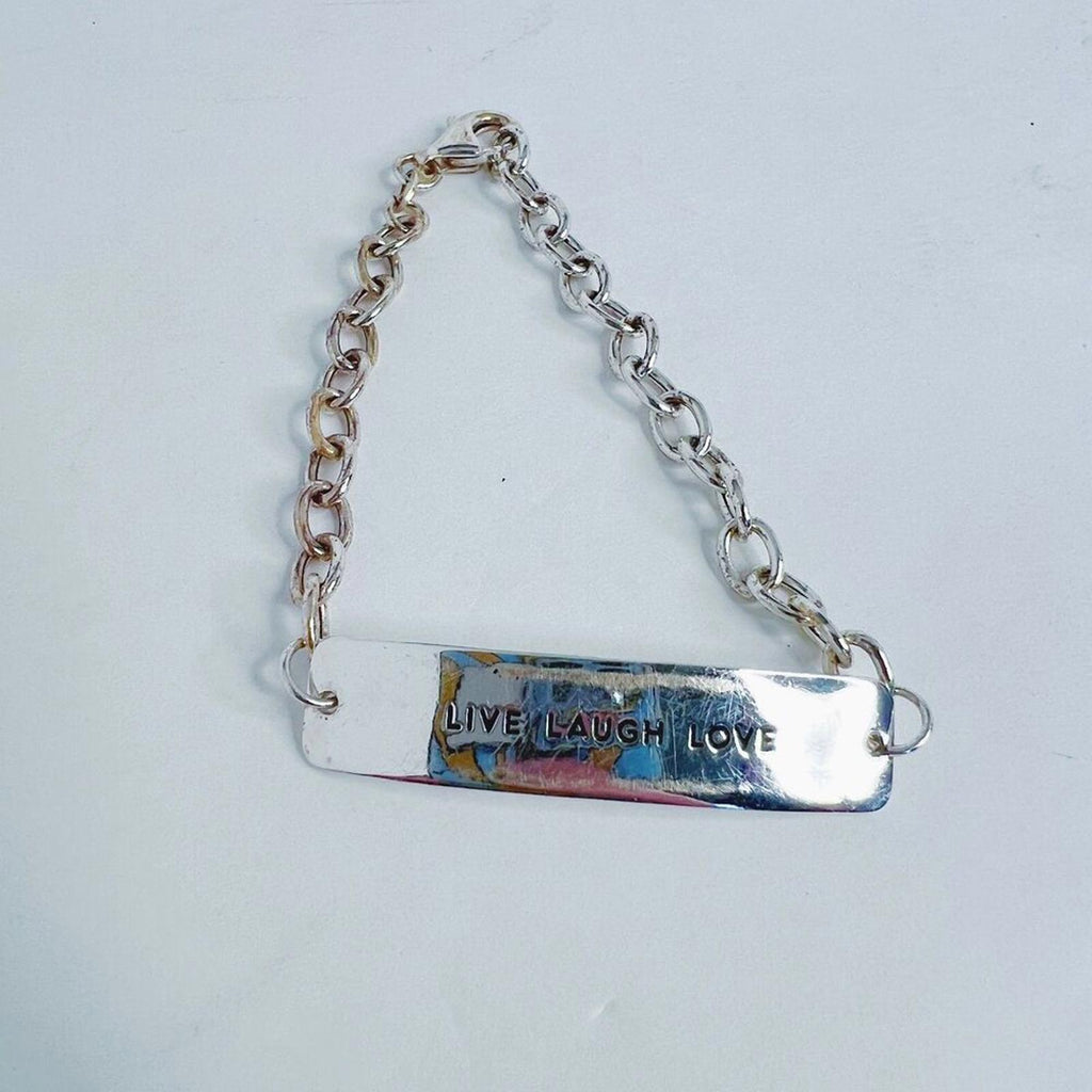 925 Sterling Silver Live Laugh Love Plate Chain Bracelet Precious Metal
