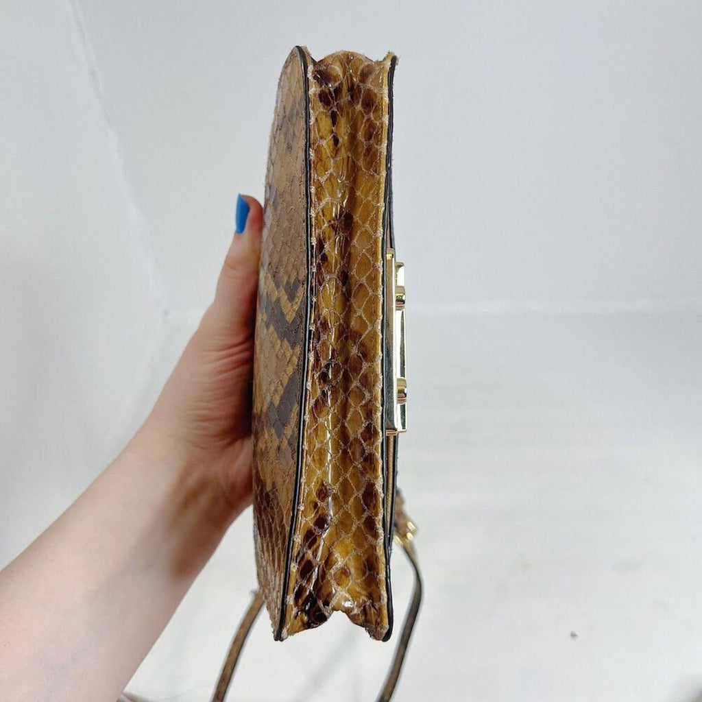 Michael Kors Snakeskin Brown Tan Snake Print Embossed Leather Crossbody Bag
