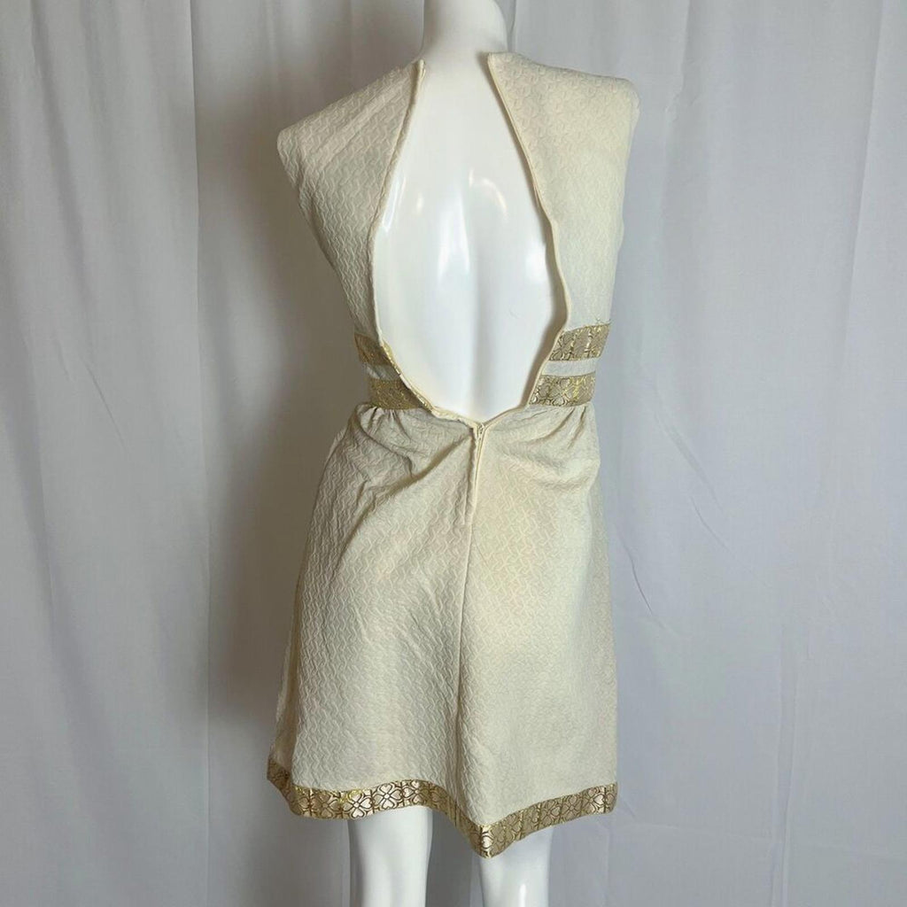 Vintage 60s Cream Mini Dress Gold Trim Belt Mod Sleeveless Sheath Dress Size 7