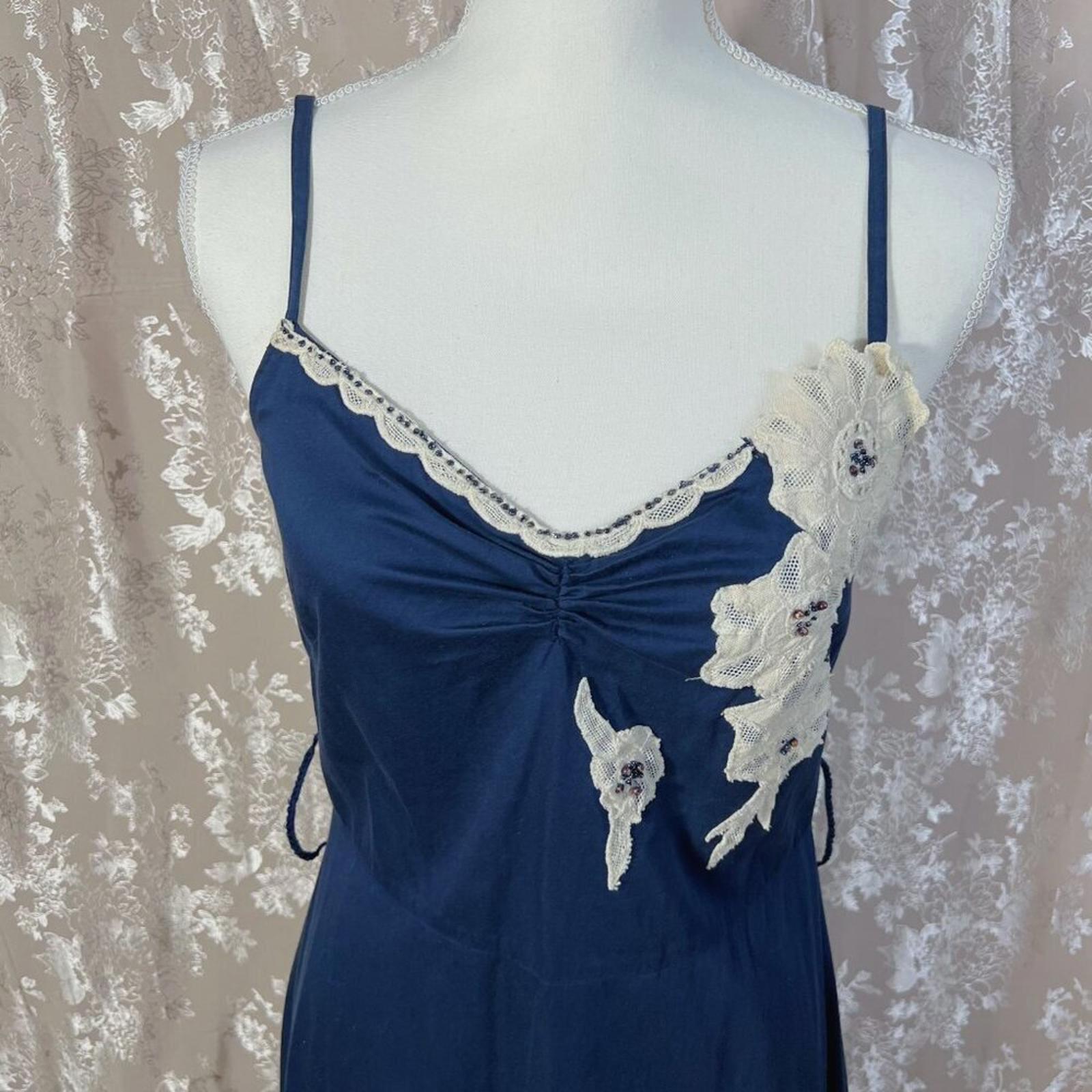 Vintage Anthropologie Odille Navy Blue Rice Paper Garden Dress Midi Dress Size 6
