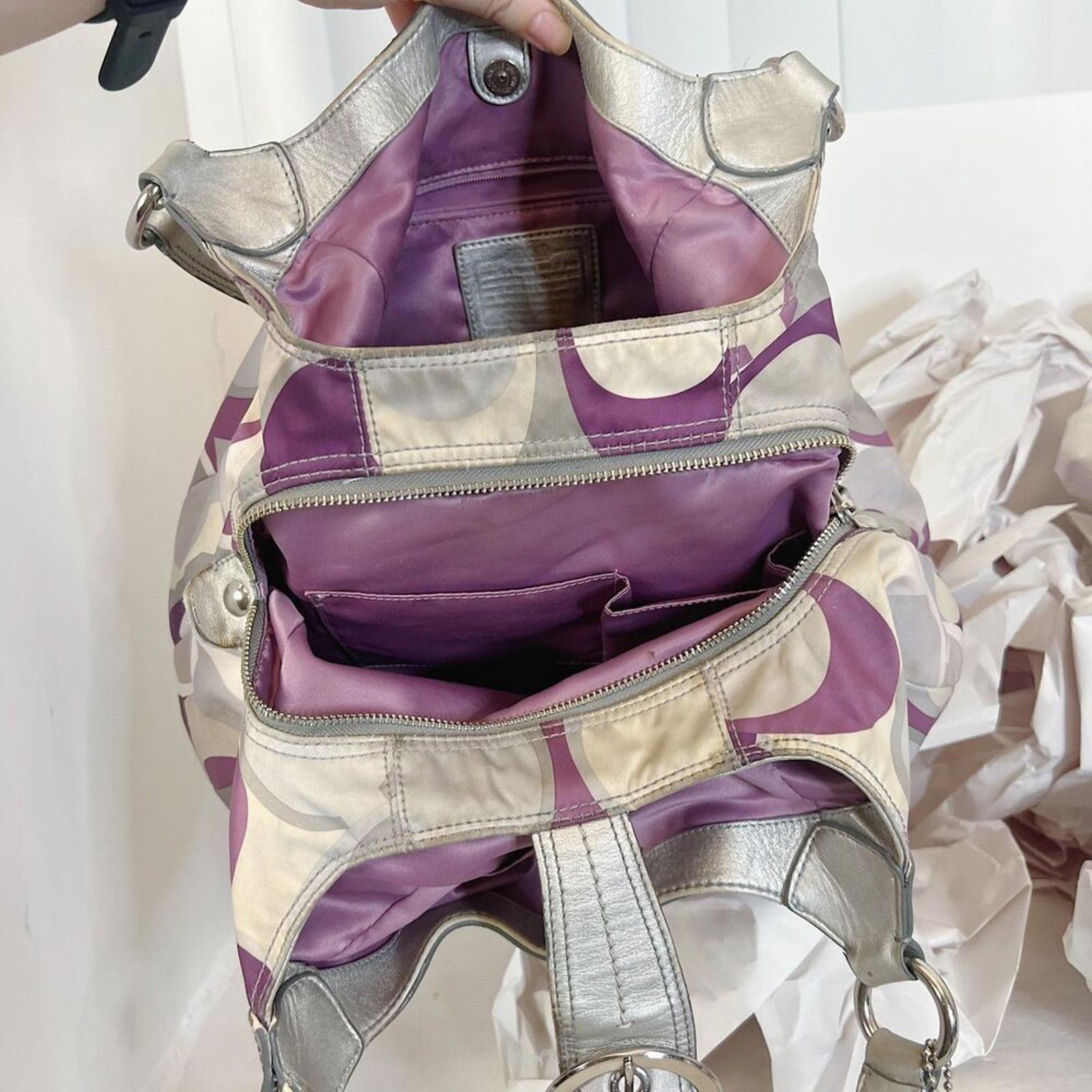 Coach y2k Vintage Signature Soho Satin Scarf Print Purple Silver Monogram Bag