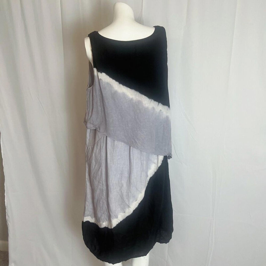 Luna Luz Linen Black Grey Tie Dye Layered Asymmetrical Dress Women's Size L