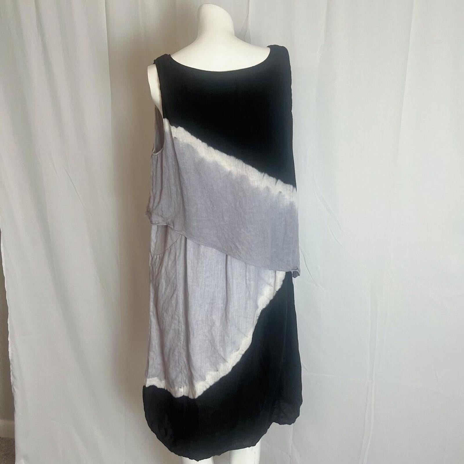 Luna Luz Linen Black Grey Tie Dye Layered Asymmetrical Dress Women's Size L
