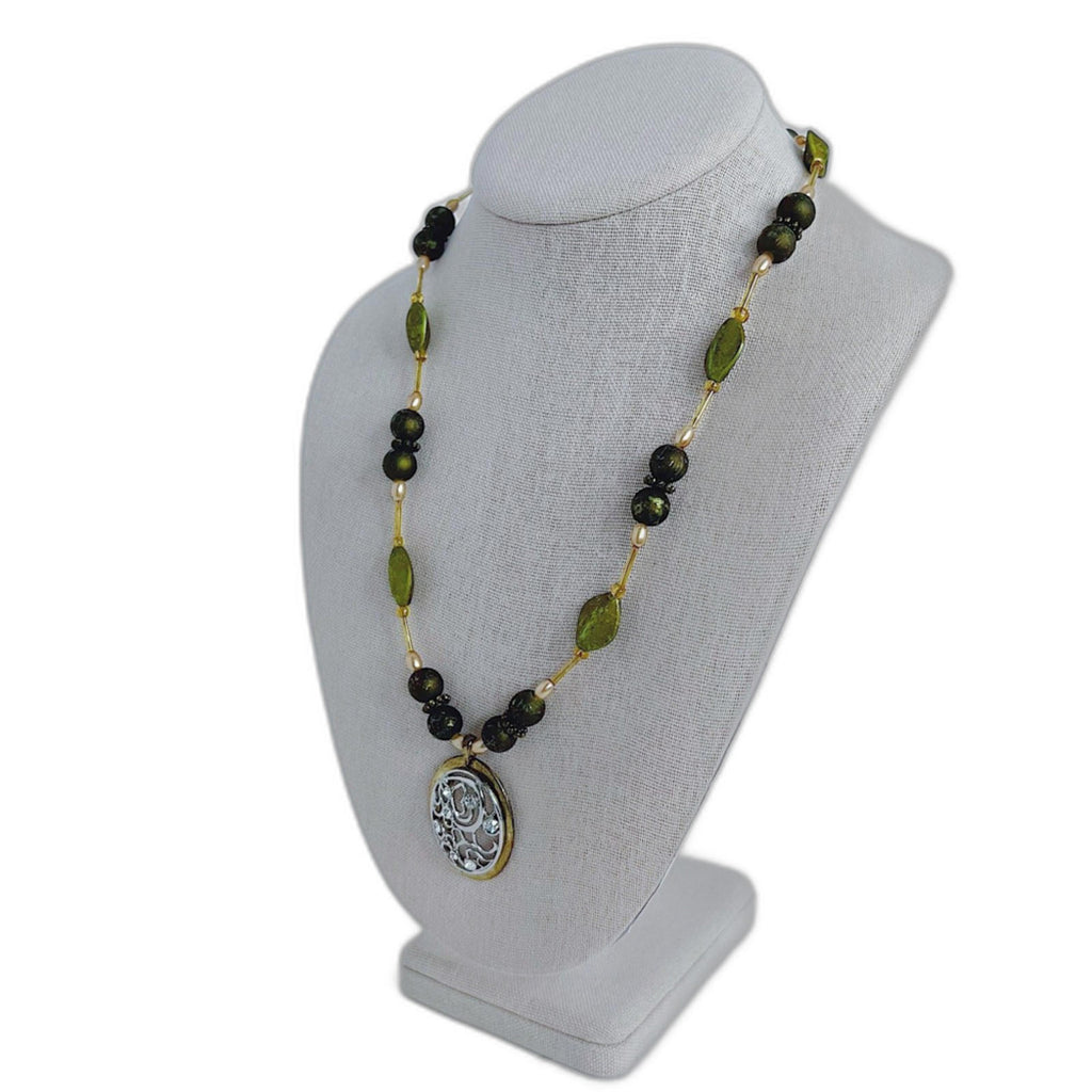 Green Beaded Silver Pendant Statement Necklace Boho