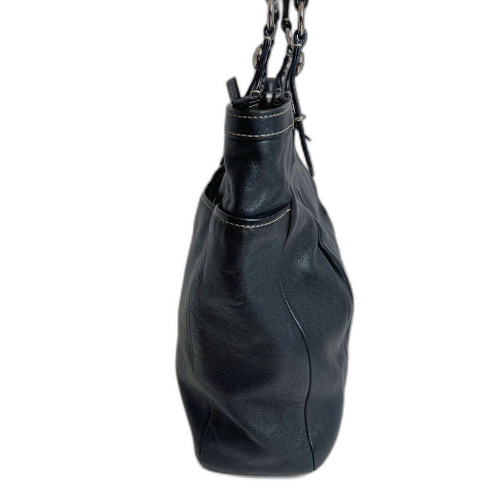 Coach East West Buttery Black Leather Tote Bag Exposed Stitching Purse