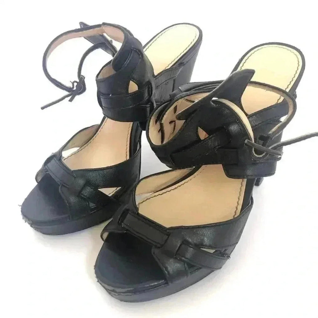 Calvin Klein Posha Black Leather Strappy Platform Heels Pumps Women's Size 6