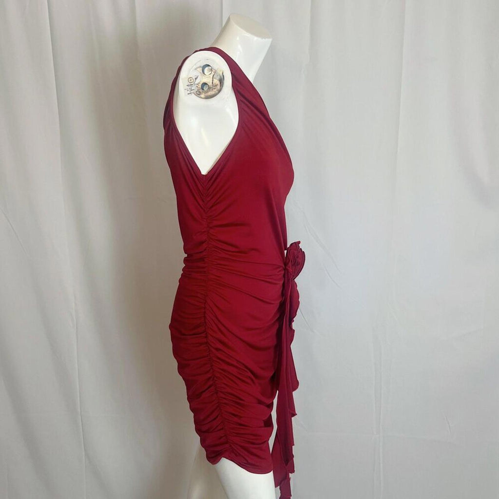 Dark Red One Shoulder Asymmetrical Mini Dress Ruched Bodycon Flower Size L