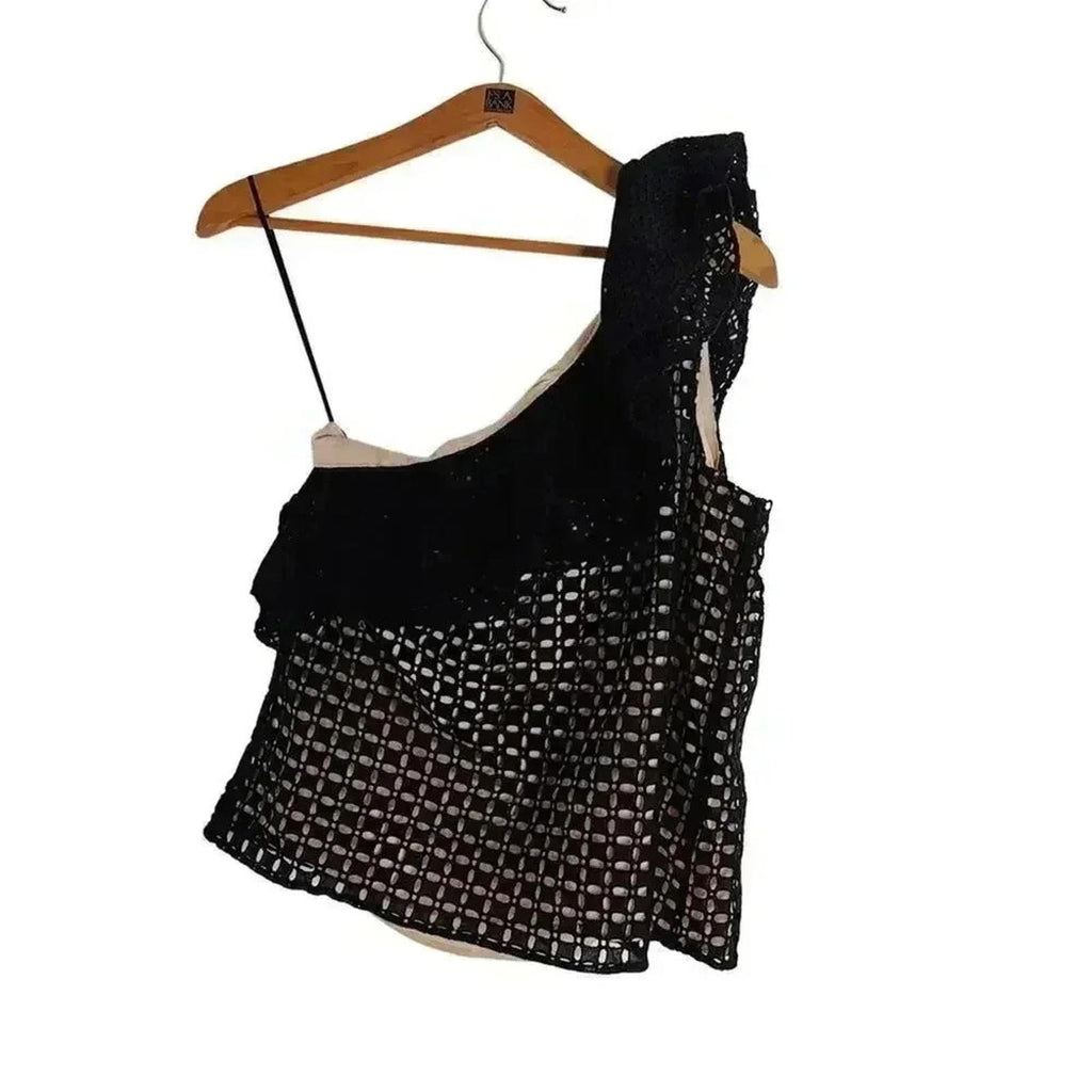 J Crew One Shoulder Black Eyelet Asymmetrical Blouse Lace Women's Size 8
