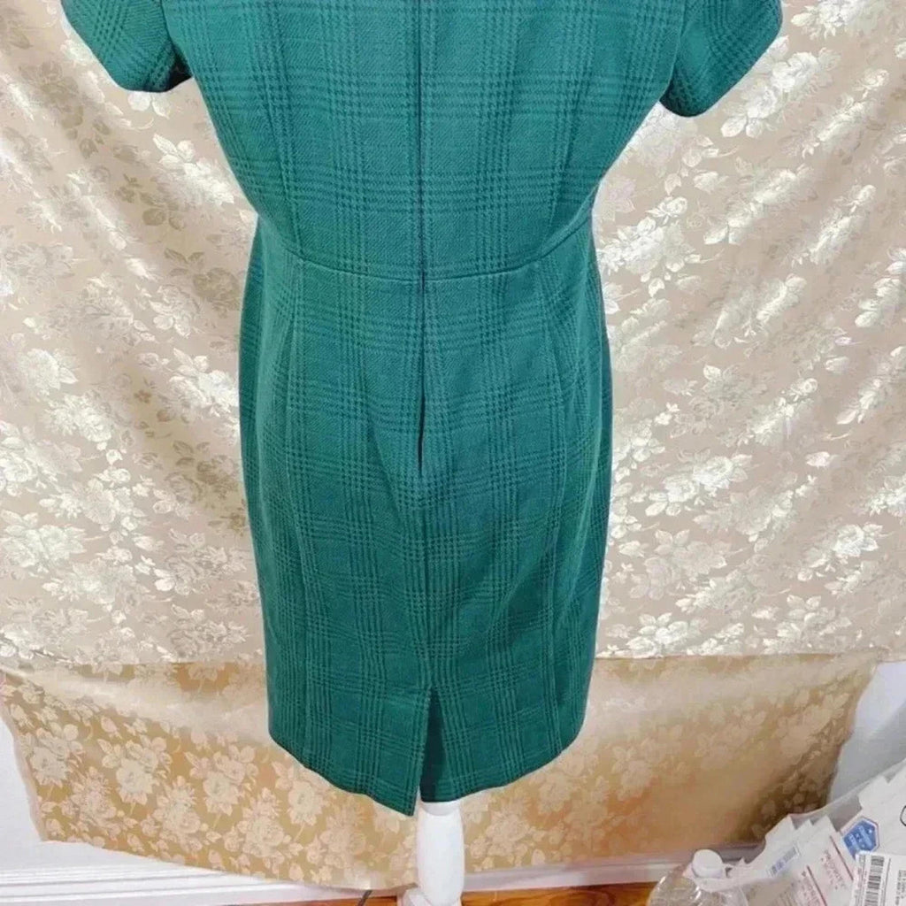 Ann Taylor Petite Green Houndstooth Sheath Dress Office Women's Size 12P