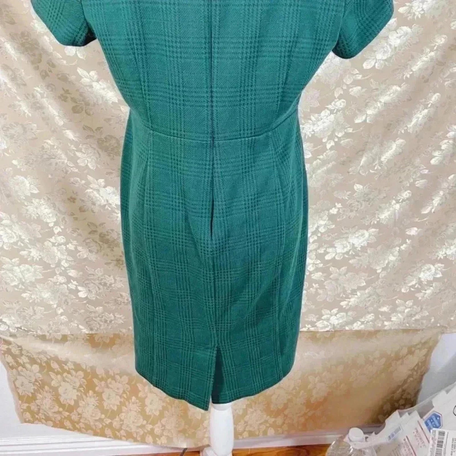 Ann Taylor Petite Green Houndstooth Sheath Dress Office Women's Size 12P