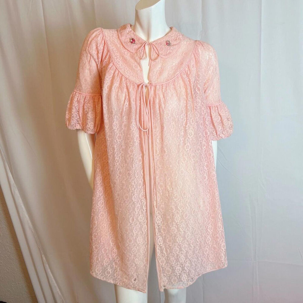Vintage 1960s Pink Lace Duster Robe Peter Pan Collar Coquette Bows
