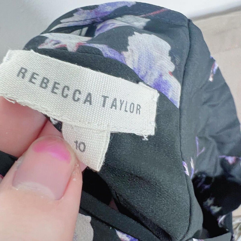 Rebecca Taylor Silk Black and Purple Floral A Line Dress V Neck Spring Summer