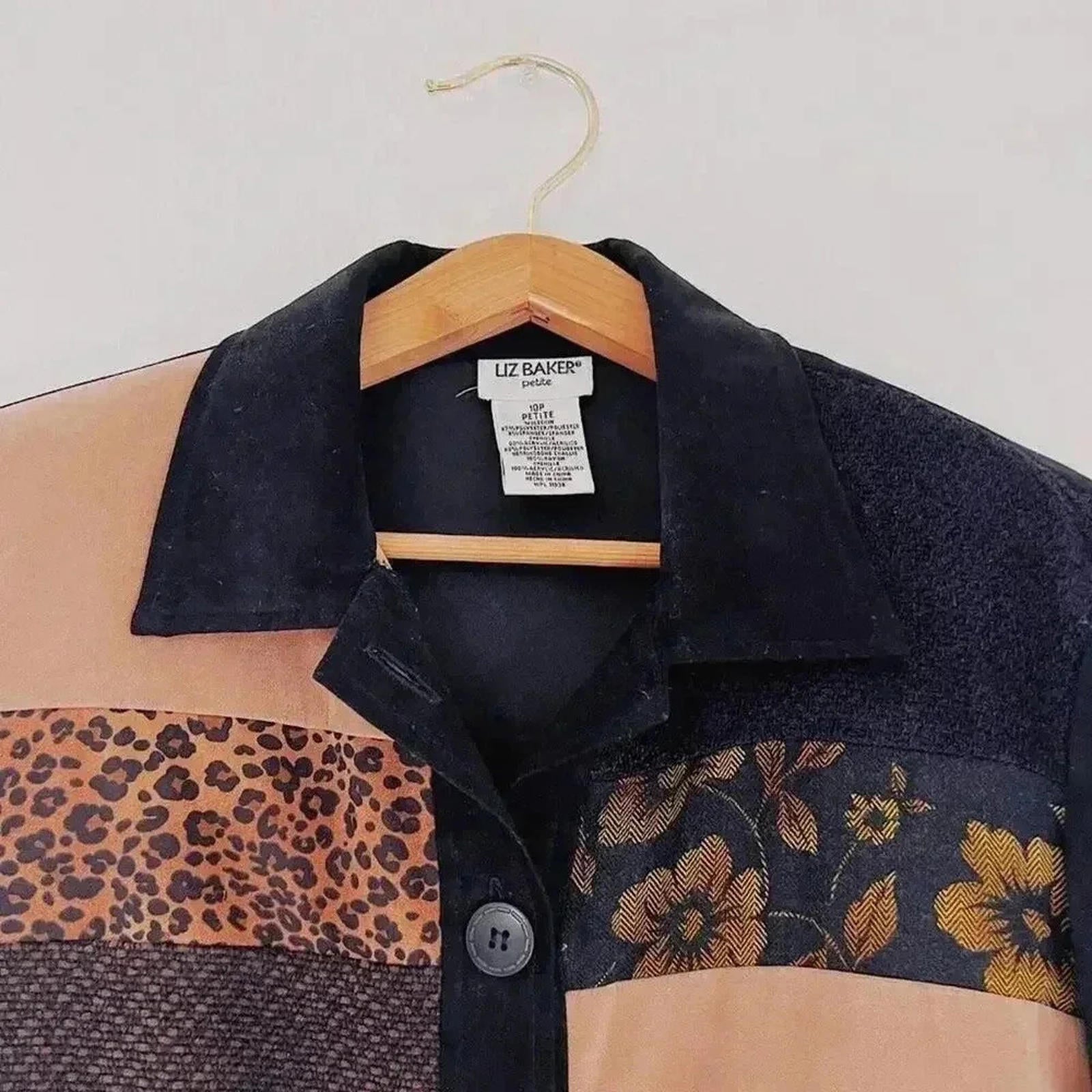 Vintage Liz Baker Black Brown Patchwork Long Sleeve Button Up Blouse Size 10P