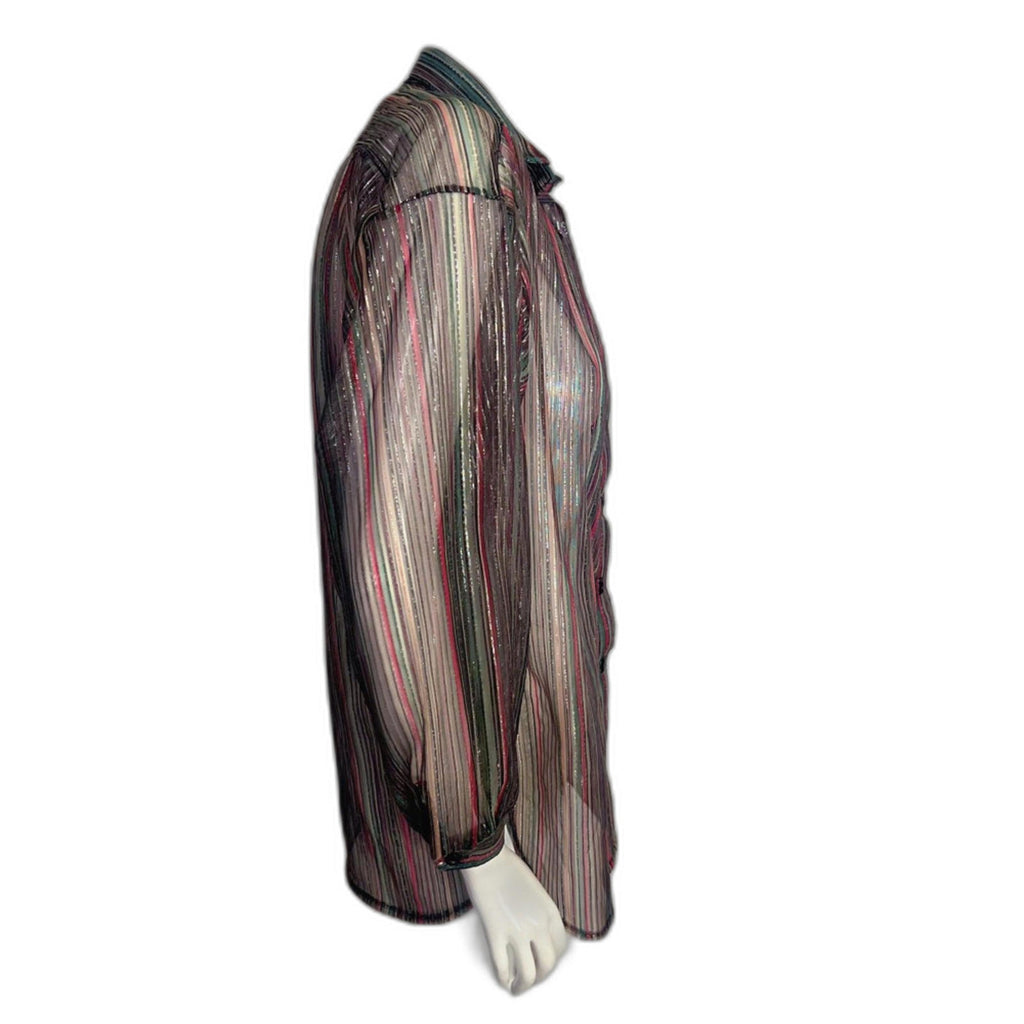 Vintage 1970s Jantzen Metallic Striped Button Down Shirt Sheer Disco Size 12