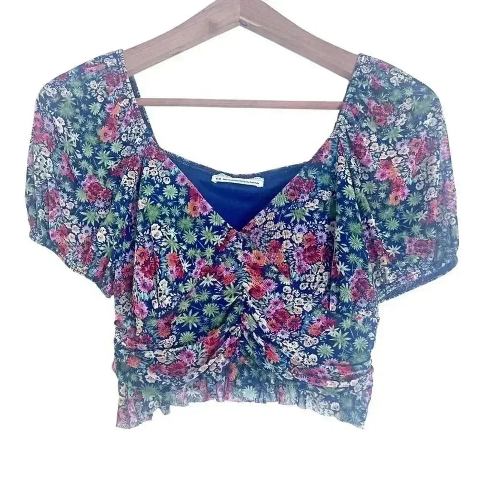 Urban Outfitters UO Navy Blue Pink Green Floral Mesh Crop Ruched Top Size M