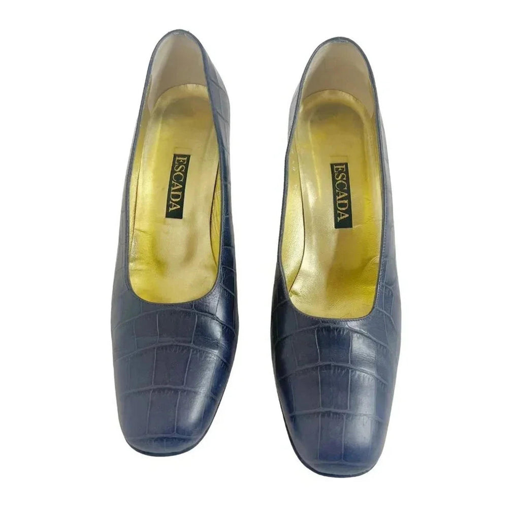 Escada Vintage Navy Blue Crocodile Rounded Toe Pumps Women's Size 8.5