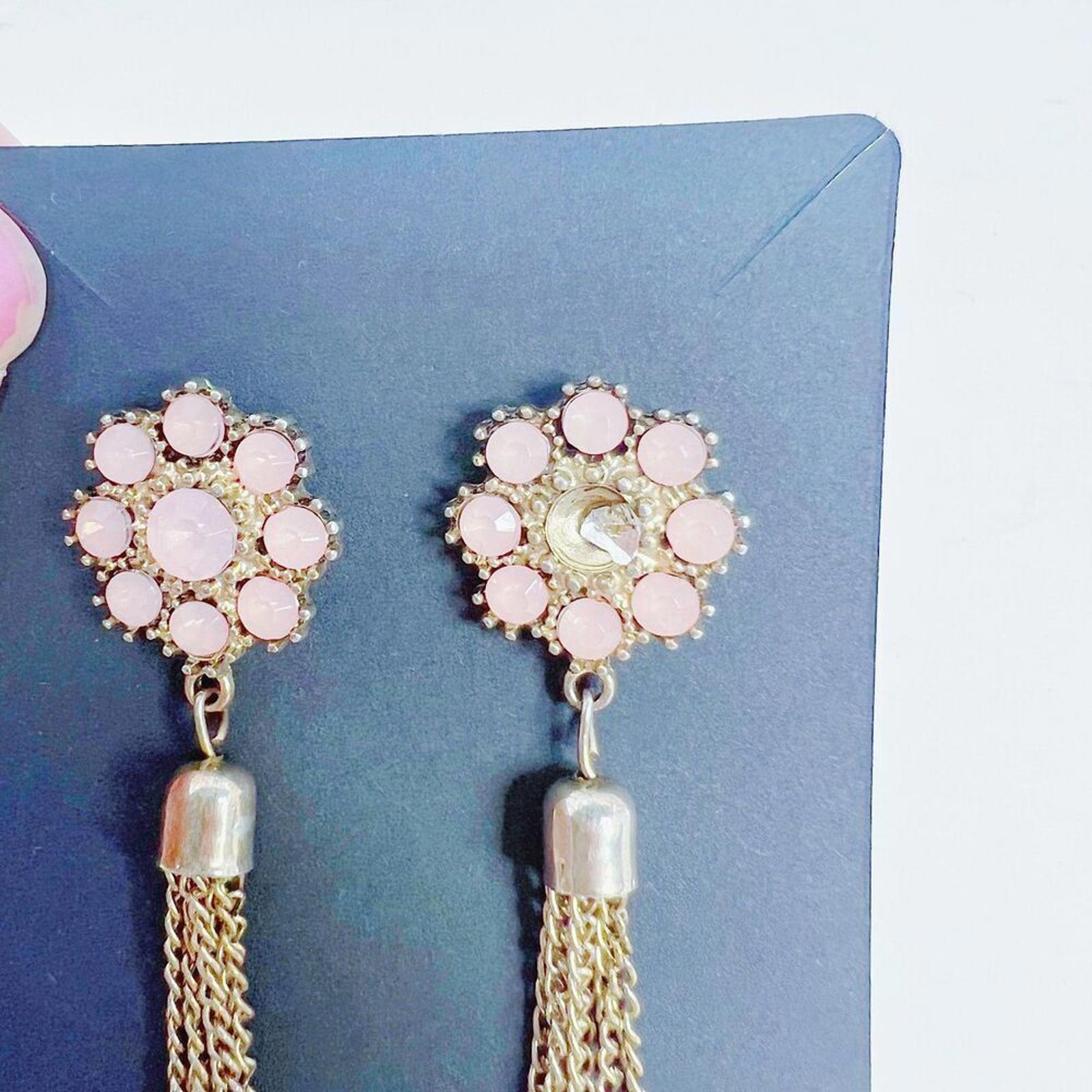 Pink Flower Earrings Gold Tassel Dangling Boho Chic
