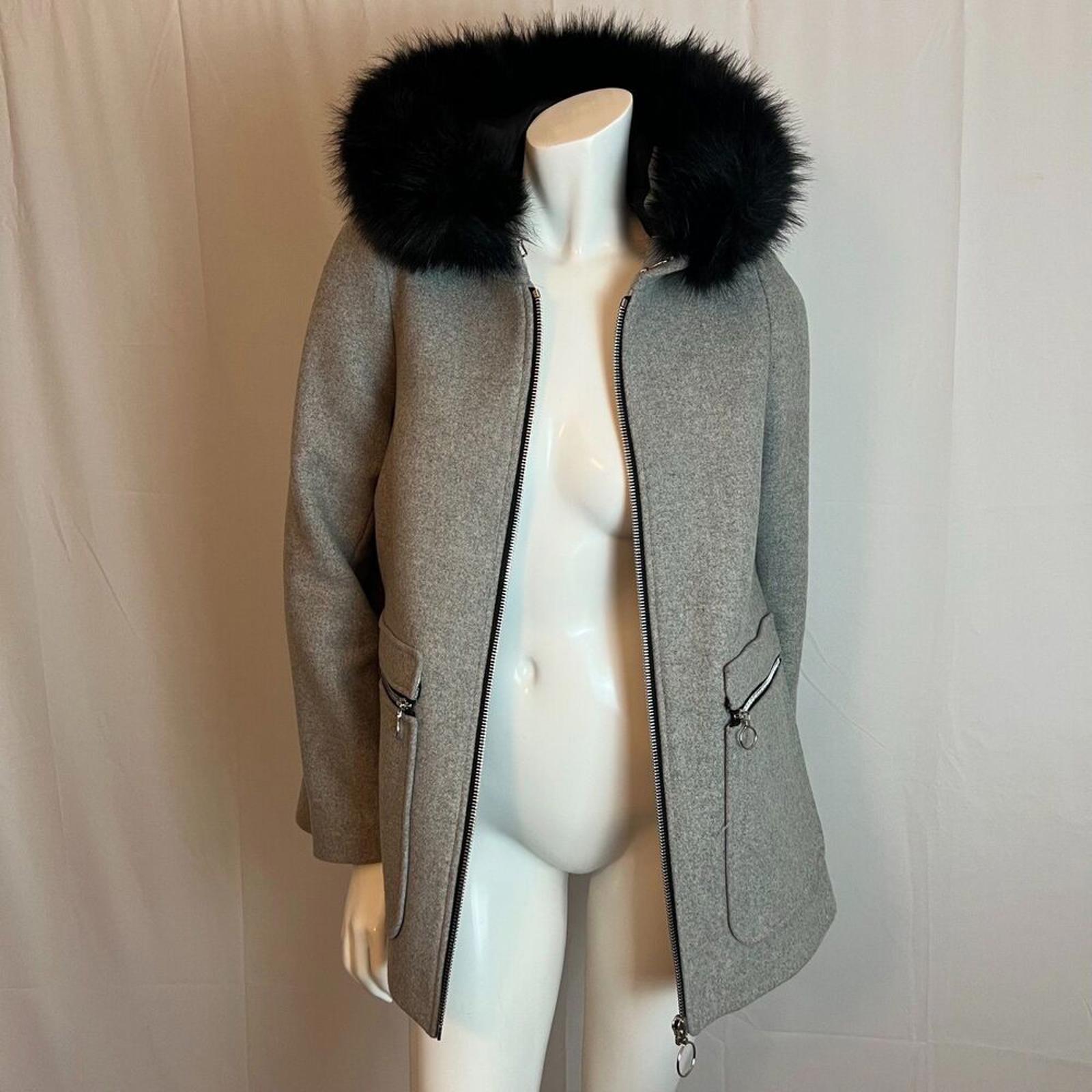Maje Greli Fur Trimmed Coat Grey Wool Jacket Black Fur Size 38 EU M US