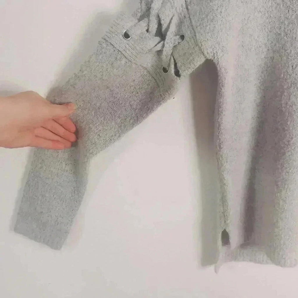 Crave Fame Light Grey Sweater Lace Up Sleeves Cutout Knit Crewneck Size S