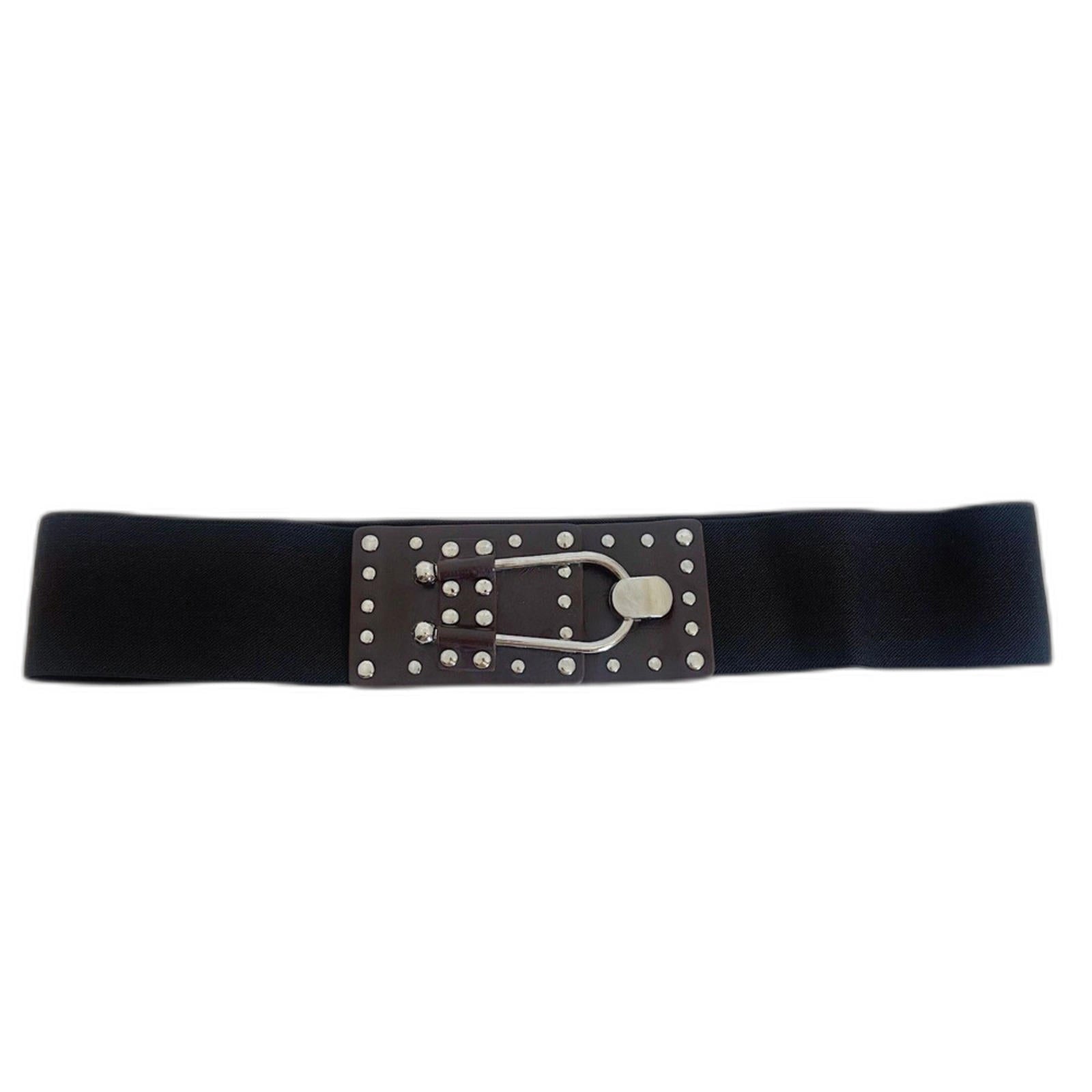 Black Chunky Elastic Belt Brown Leather Studded Clasp Boho Y2k OS